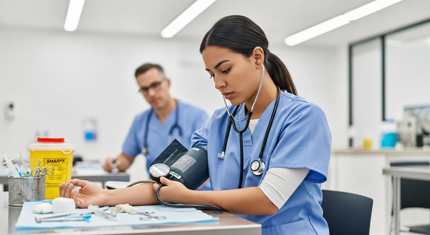 Nursing student practicing vital signs on a training mannequin in a clinical skills lab