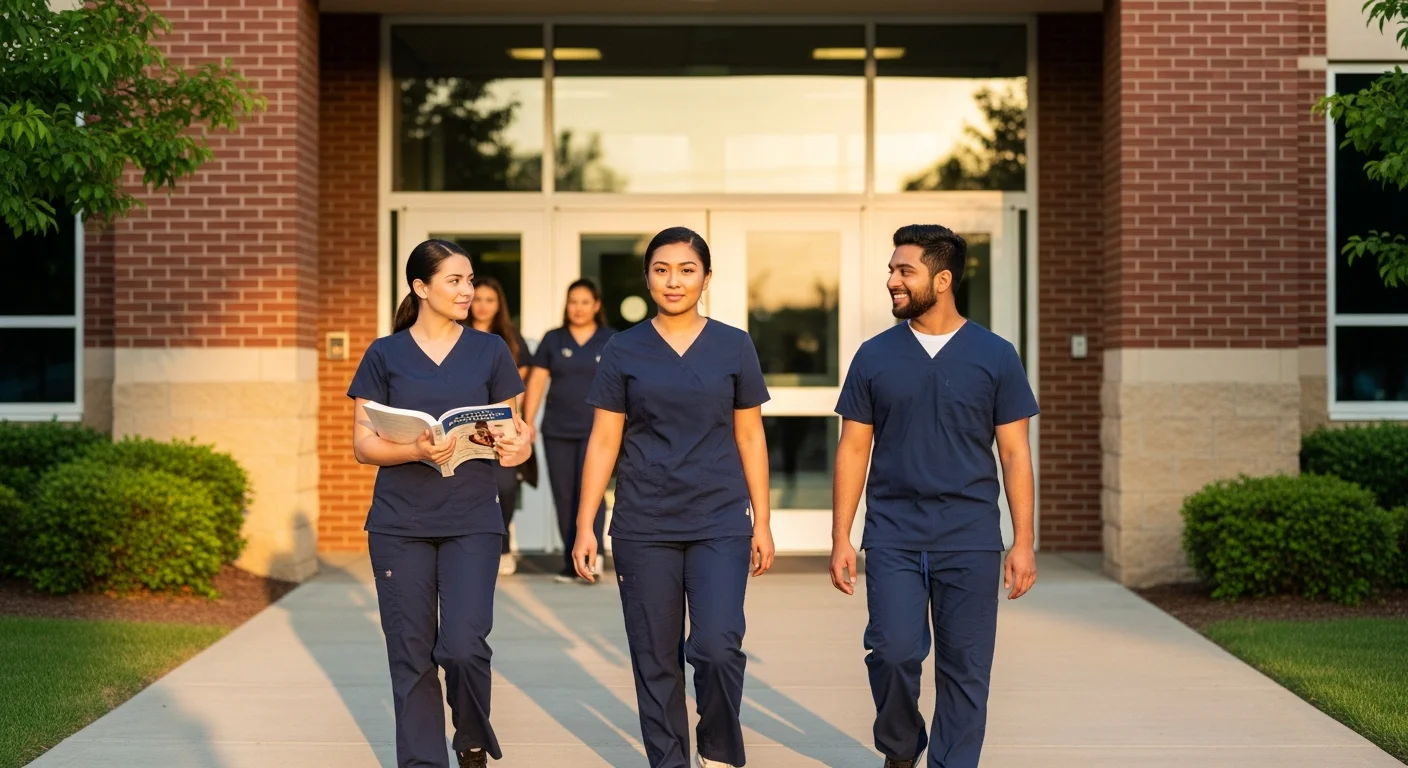CNA students in scrubs walking toward an Illinois community college entrance at golden hour
