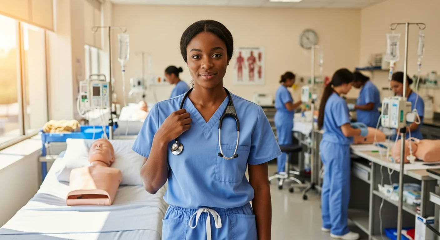 CNA student in scrubs practicing clinical skills during training at an Indiana nursing program