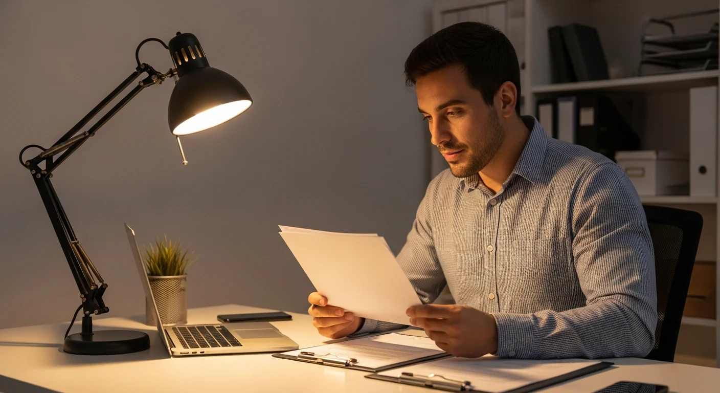 CNA reviewing certification documents at a desk with a laptop showing a state registry website