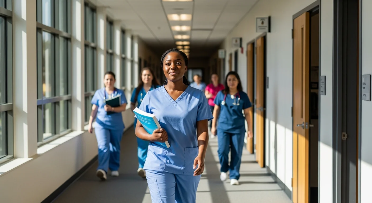 Young woman in scrubs walking through an Iowa community college hallway with determination