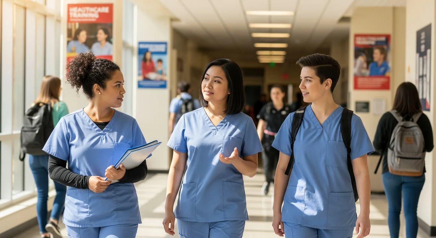 CNA students in scrubs walking through Kentucky community college hallway with determination