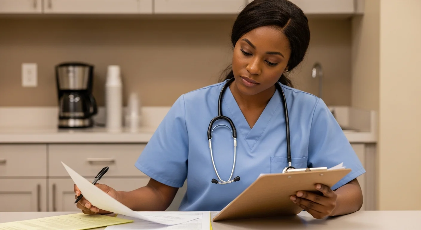 CNA reviewing certification renewal paperwork at healthcare facility desk
