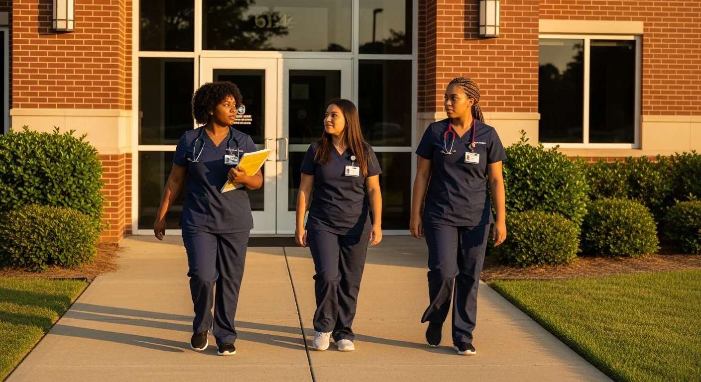 Diverse CNA students arriving at Louisiana community college for nursing assistant training
