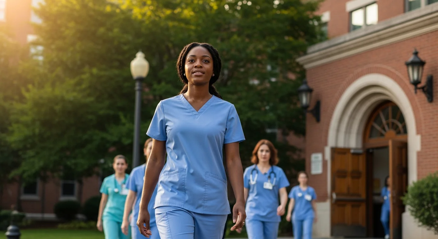 Diverse nursing students walking toward Maine hospital entrance in morning light