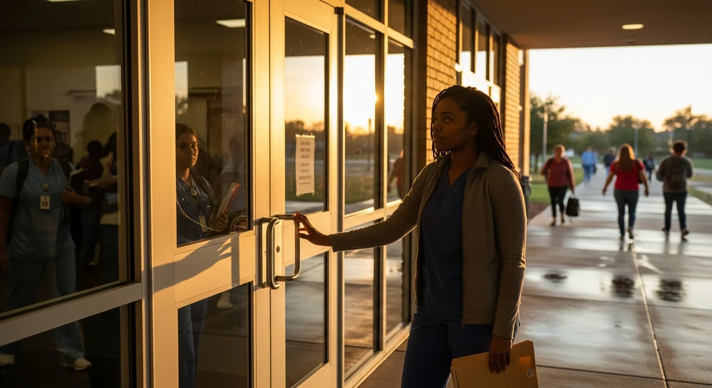Prospective CNA student at Maryland community college entrance considering nursing assistant training