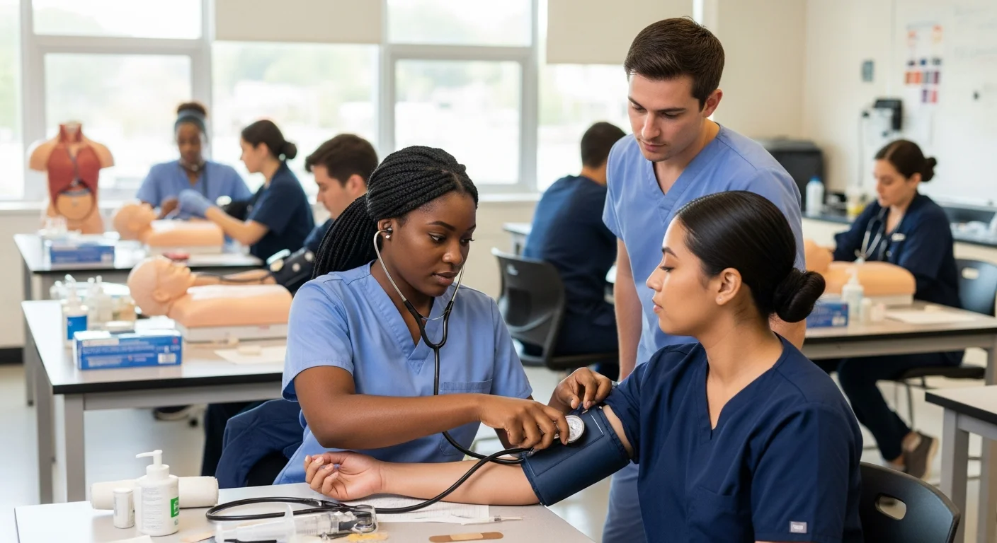 CNA students practicing clinical skills in a Massachusetts community college training lab