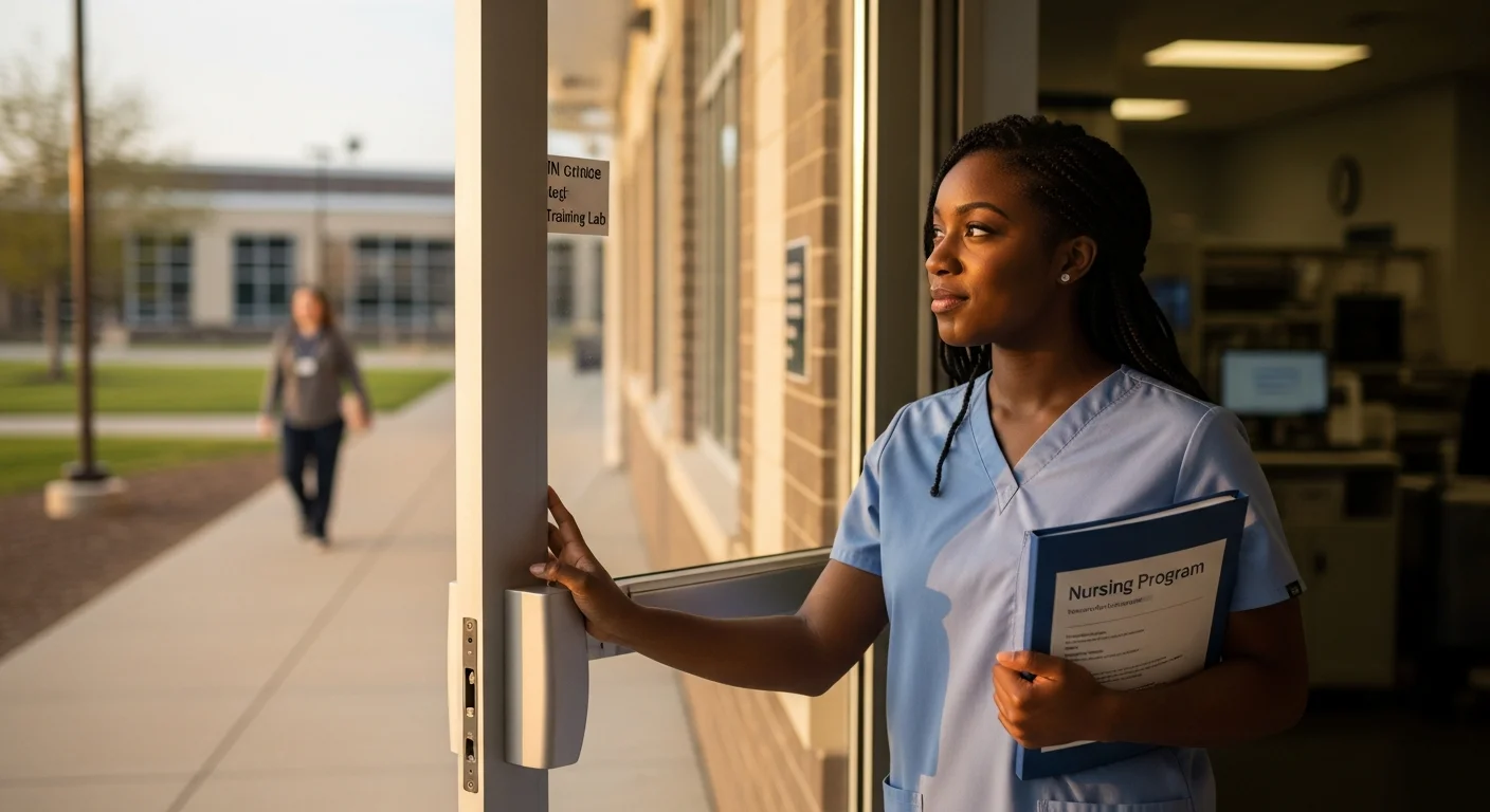 Michigan nursing student in scrubs reviewing CNA training materials at community college