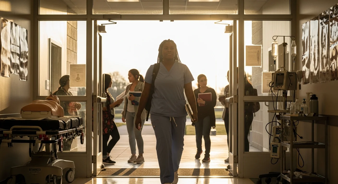 CNA student entering Mississippi community college healthcare training facility at golden hour