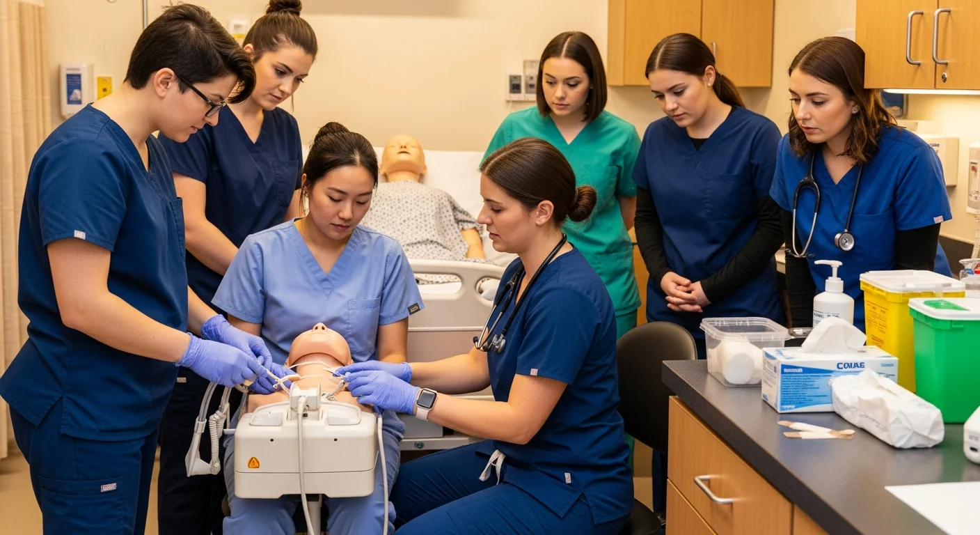 CNA students practicing clinical skills in a Missouri training lab with instructor guidance