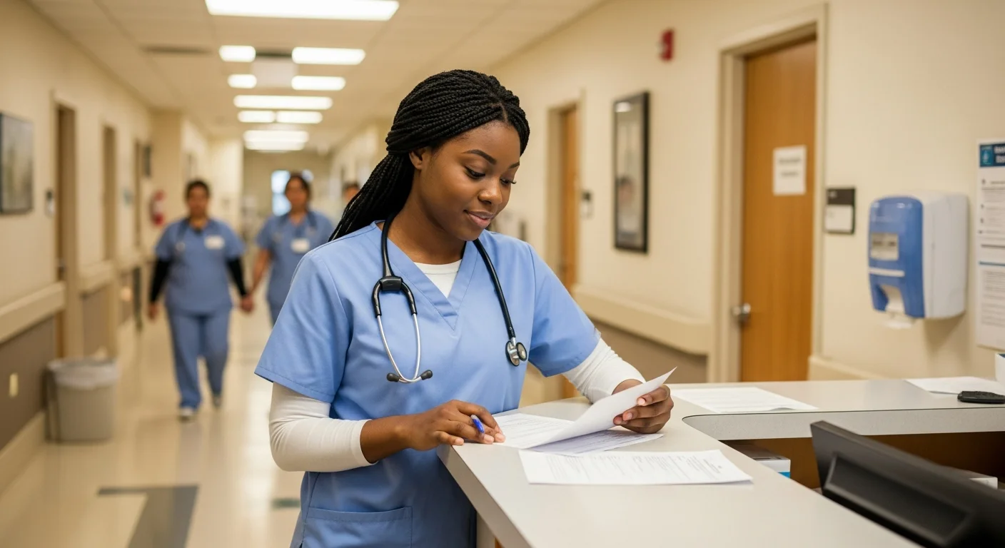 Young woman in scrubs reviewing CNA training paperwork at a Missouri nursing facility