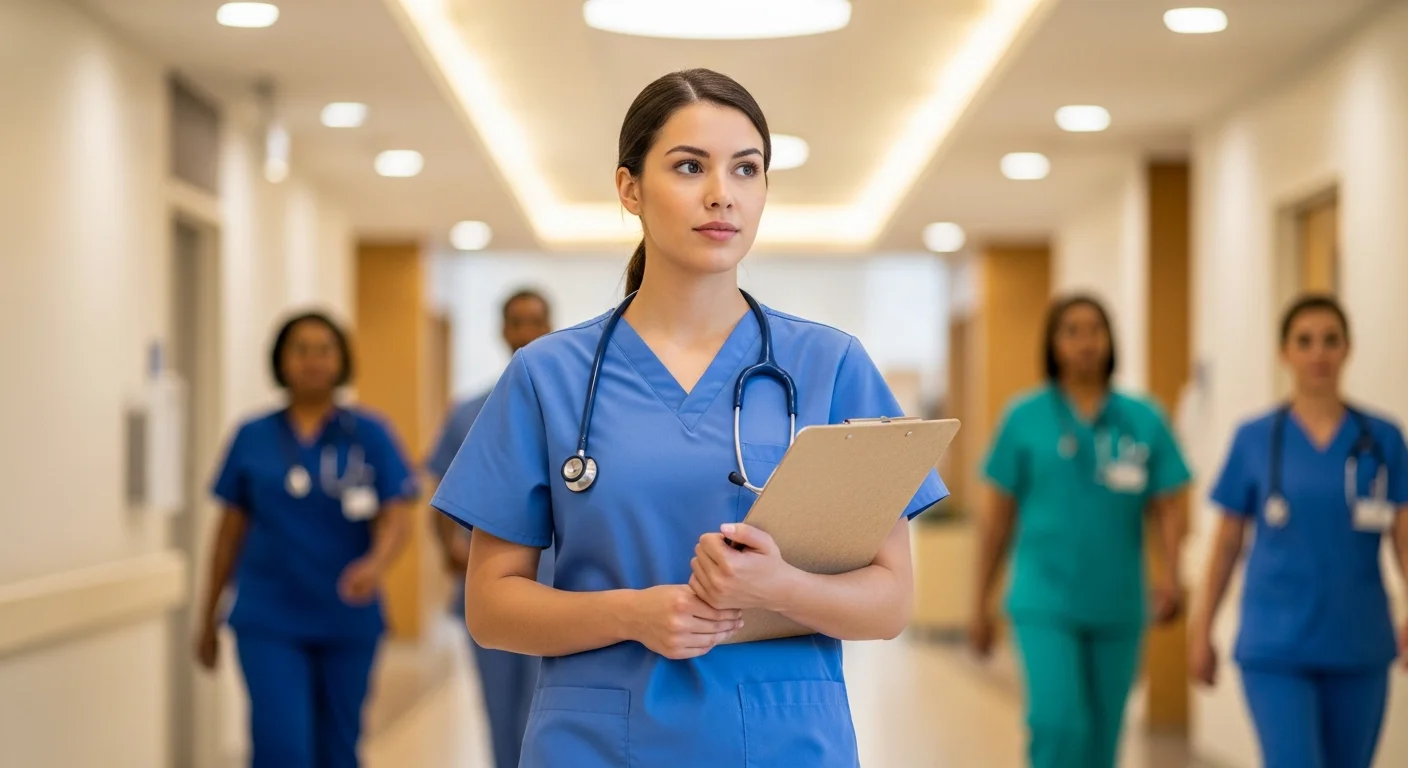 CNA student in scrubs standing in hospital hallway