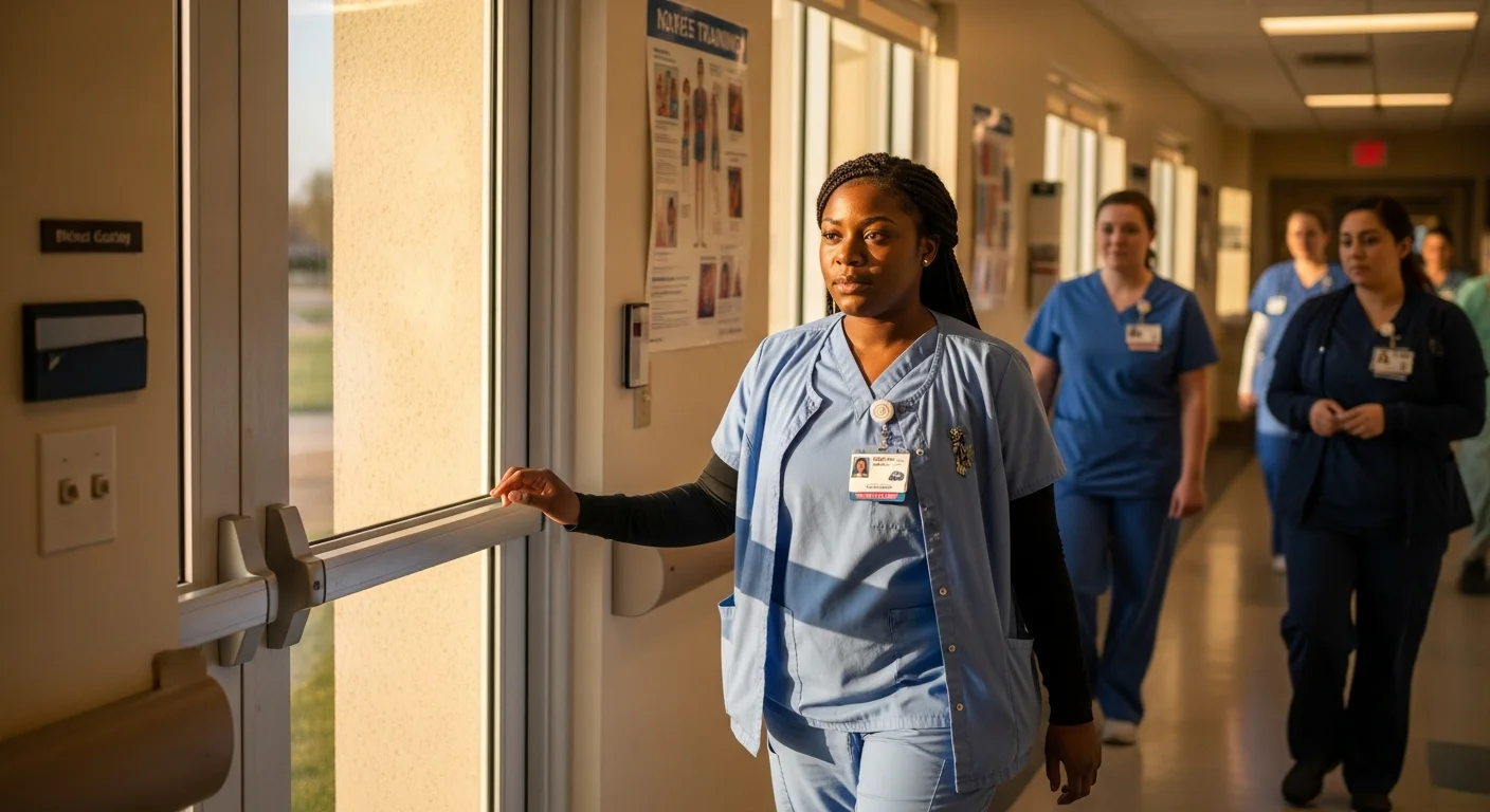 CNA student in scrubs walking into Nebraska healthcare facility with determination