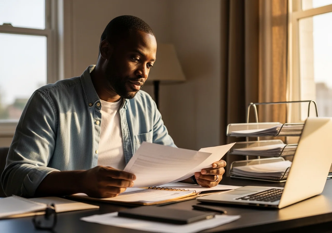 Healthcare professional reviewing LNA license renewal documents at a home office desk