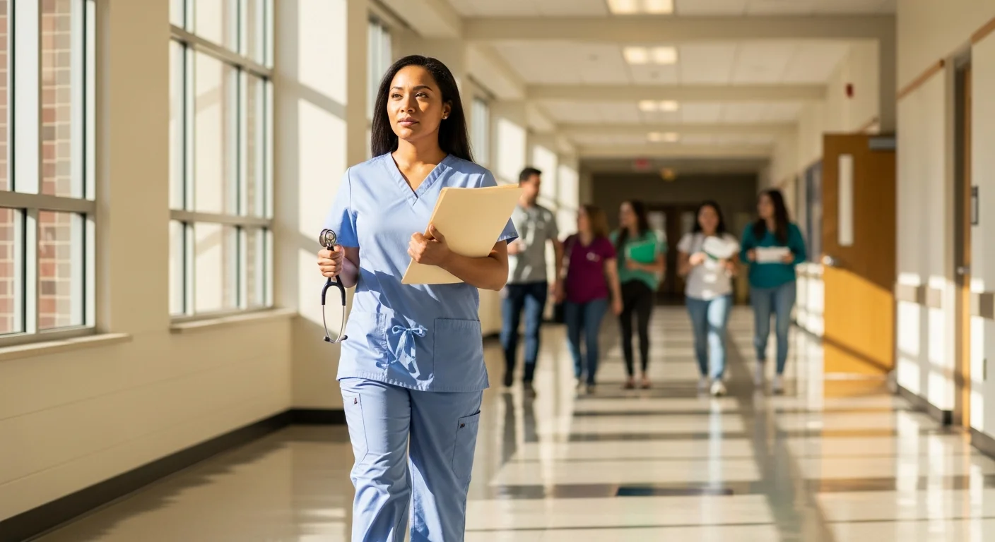 Aspiring LNA student walking through a New Hampshire community college nursing program hallway