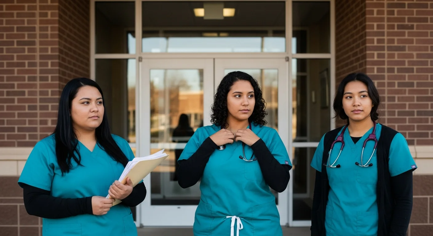 Diverse CNA students in scrubs outside New Jersey clinical training facility