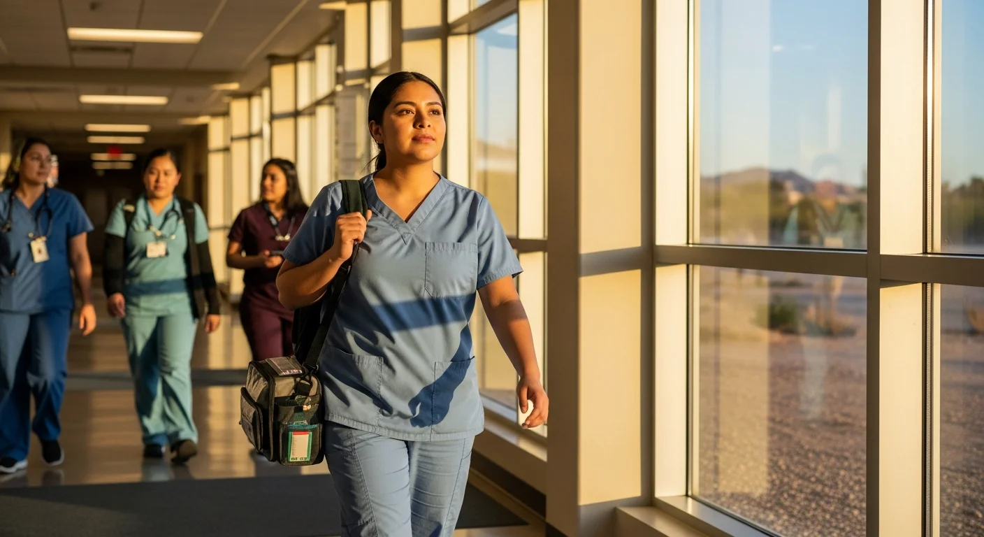CNA student walking through a New Mexico community college hallway in scrubs