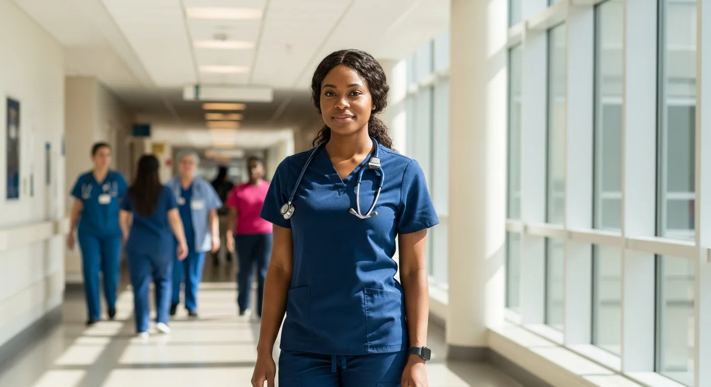 CNA in scrubs reviewing patient chart at a New York hospital with warm natural lighting