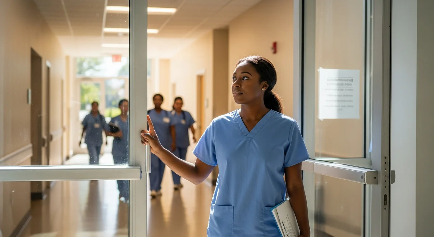 Nursing student in scrubs entering a New York healthcare training facility with determined expression