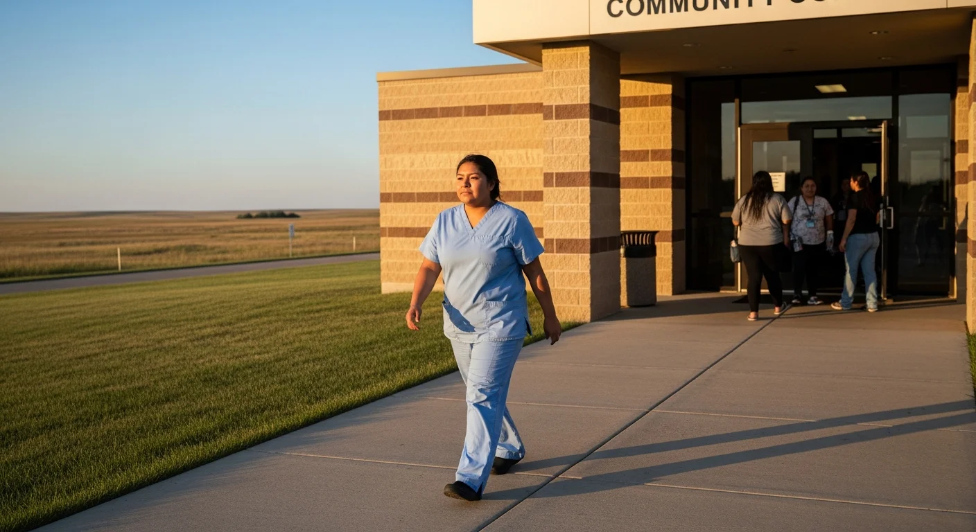 CNA student in scrubs walking toward community college entrance in North Dakota prairie setting