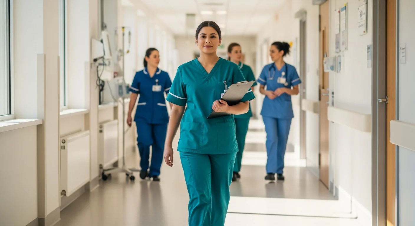 Nursing assistant student in scrubs walking through a healthcare facility in Ohio