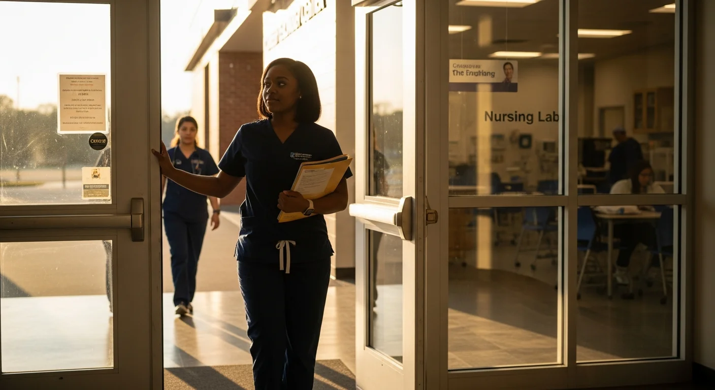 CNA student in scrubs reviewing training materials at Oklahoma career technology center