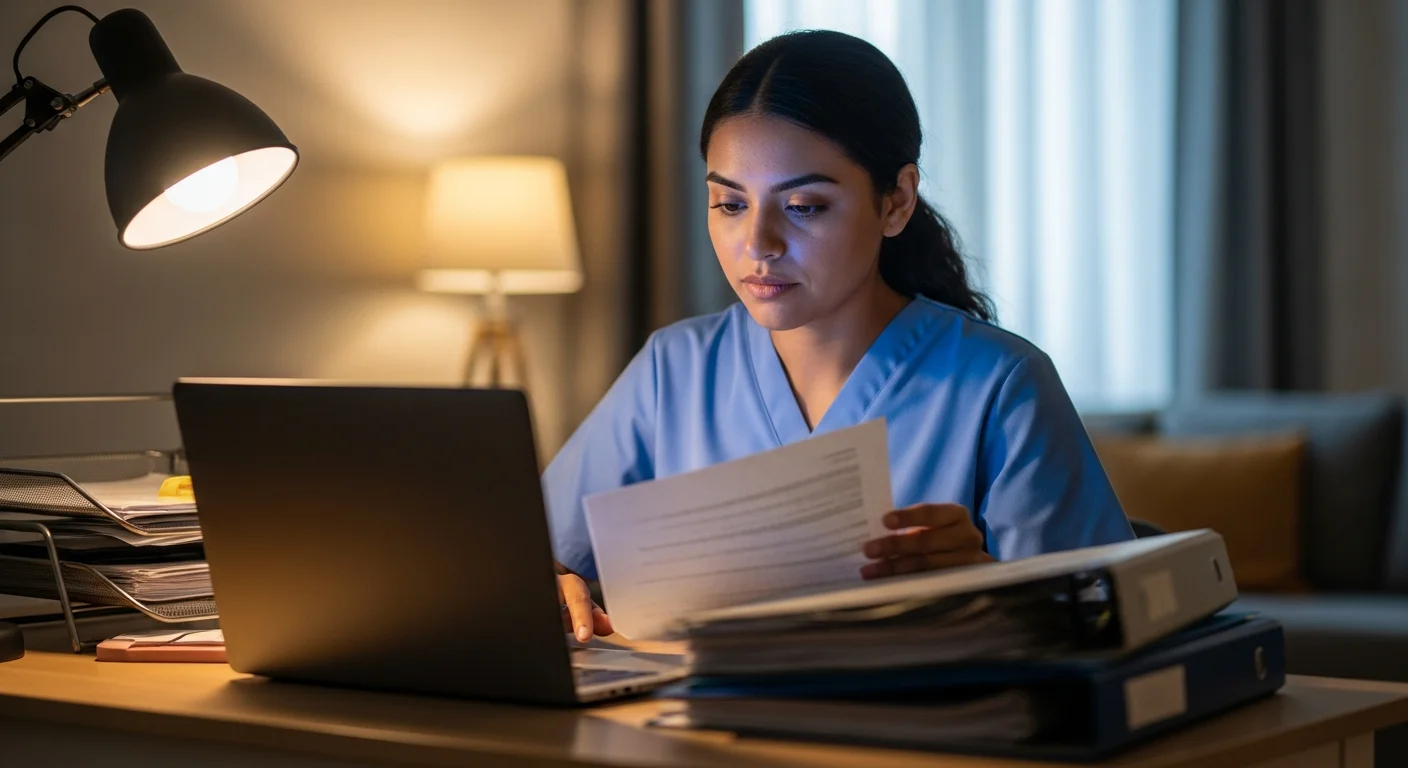 CNA reviewing certification documents at a desk with laptop showing OSBN portal