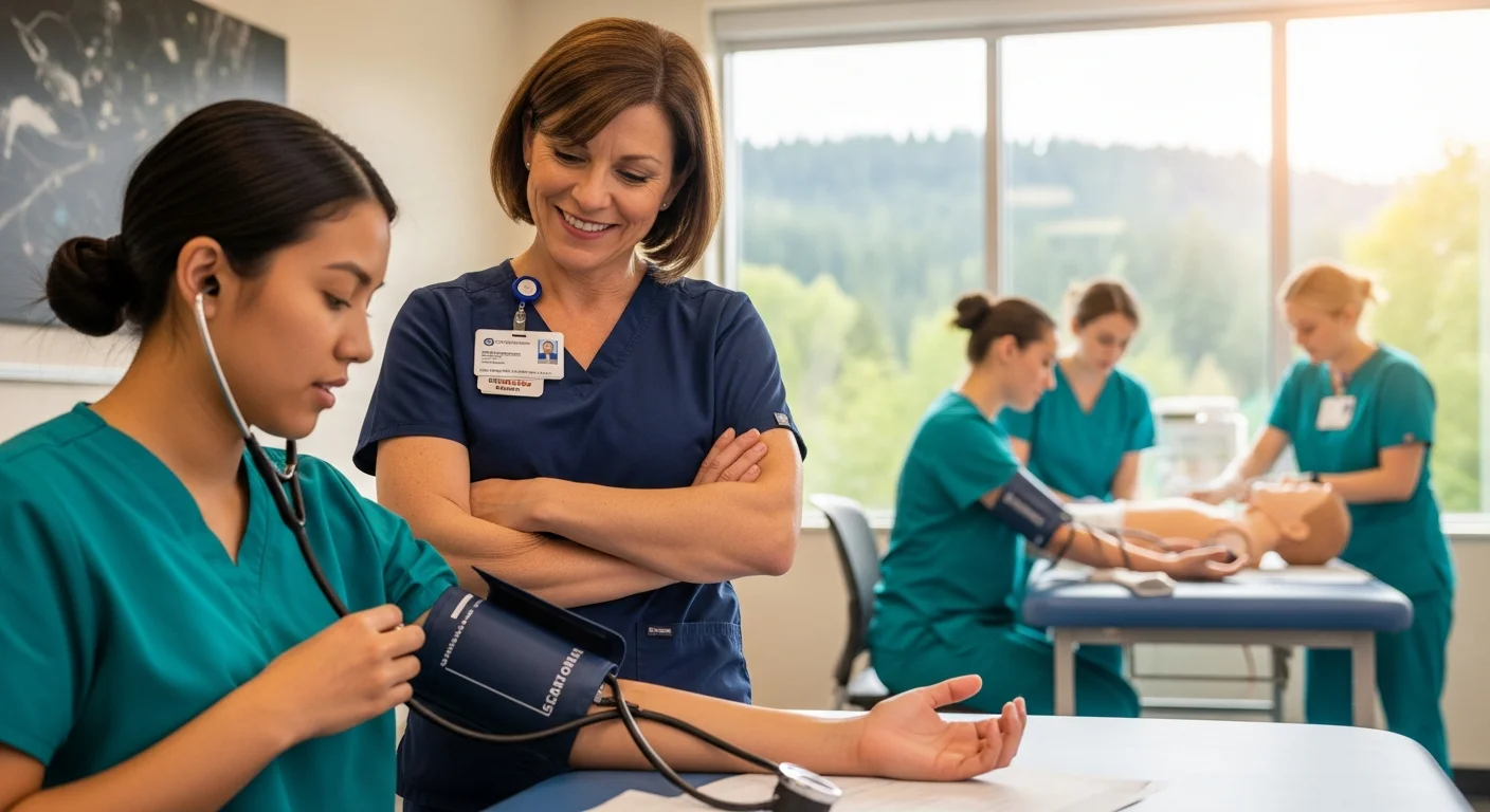 CNA students in scrubs during clinical training at an Oregon healthcare facility