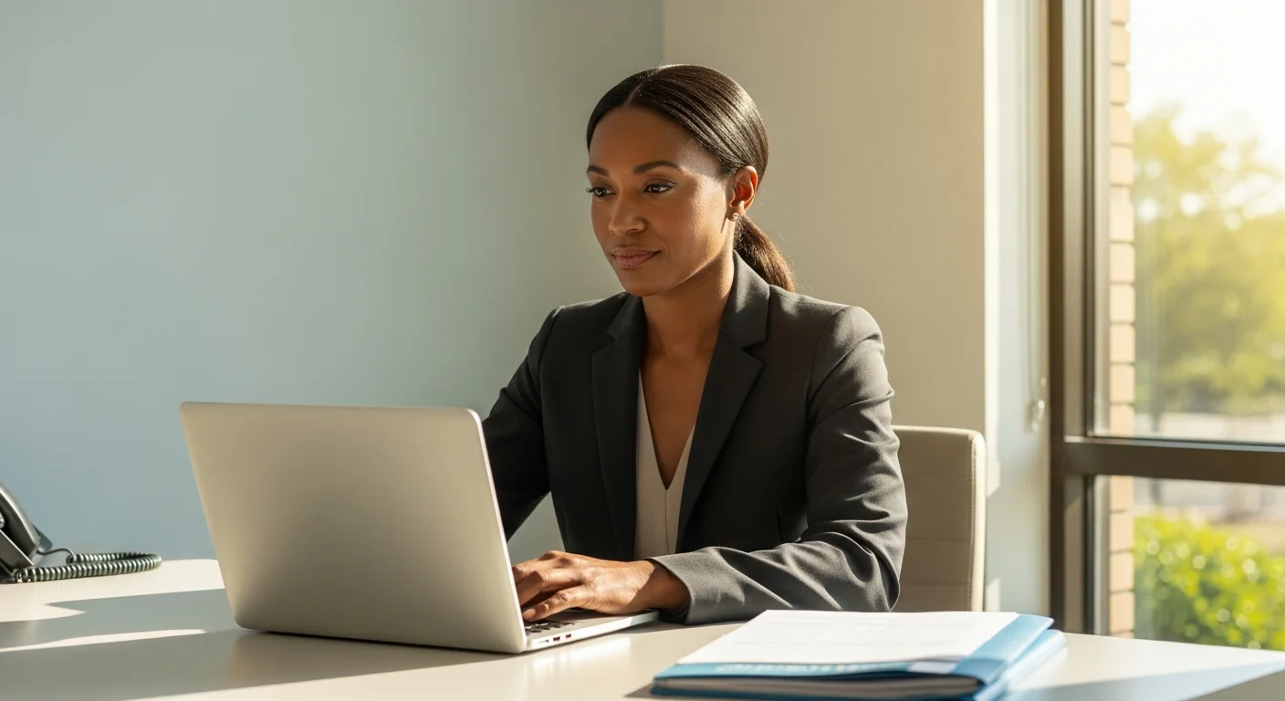 Healthcare administrator verifying CNA credentials on laptop in Pennsylvania nursing facility