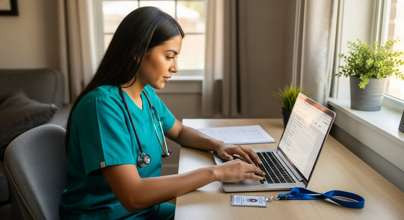 CNA in scrubs completing Pennsylvania certification renewal on laptop at home