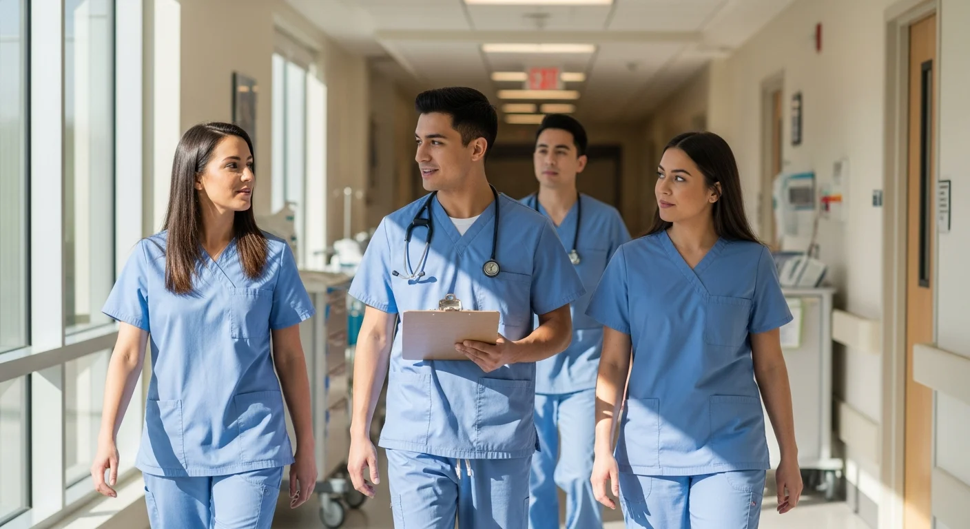 CNA students in scrubs walking through a Pennsylvania healthcare facility