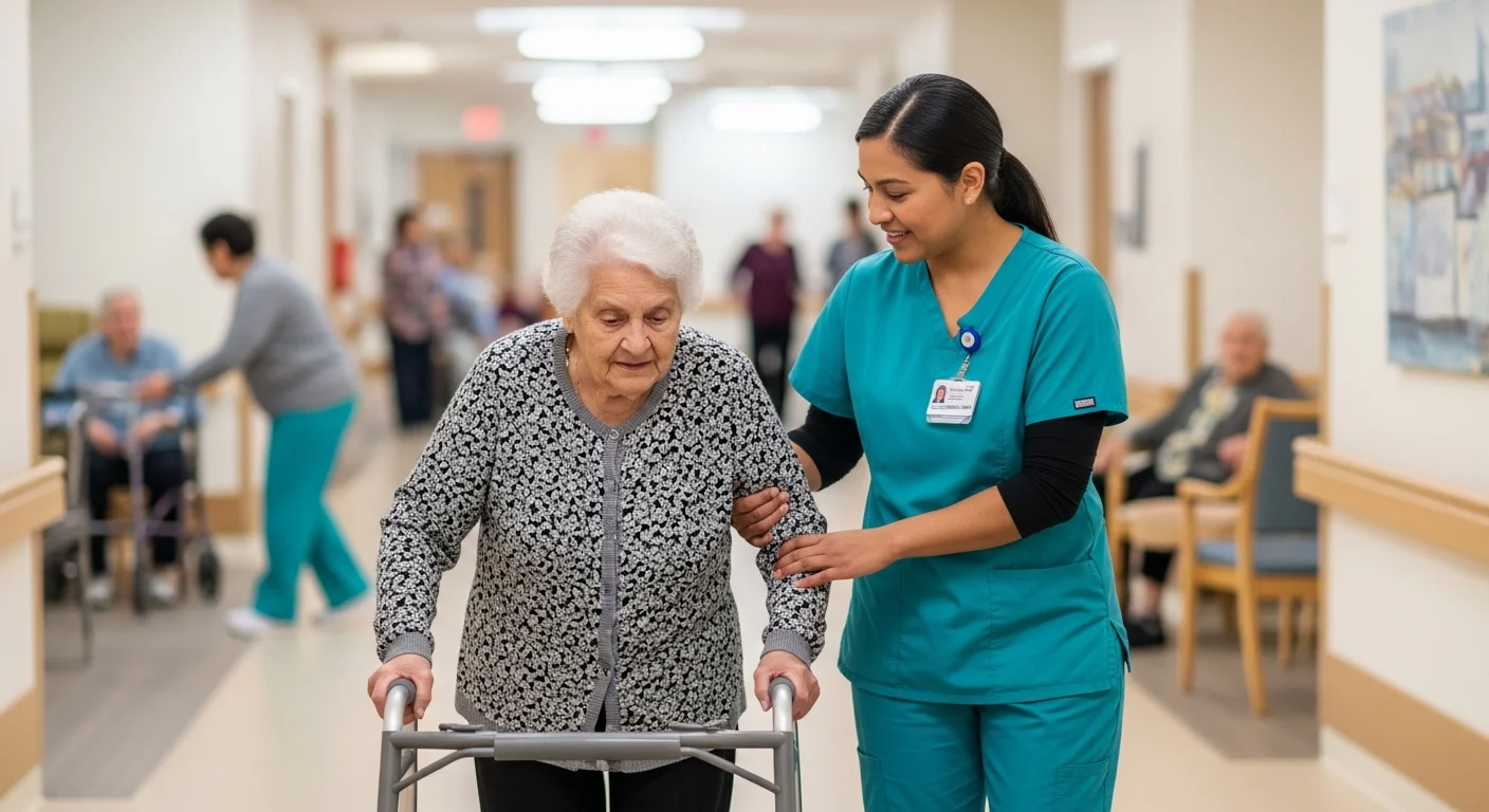 Nursing assistant helping elderly patient in Rhode Island long-term care facility