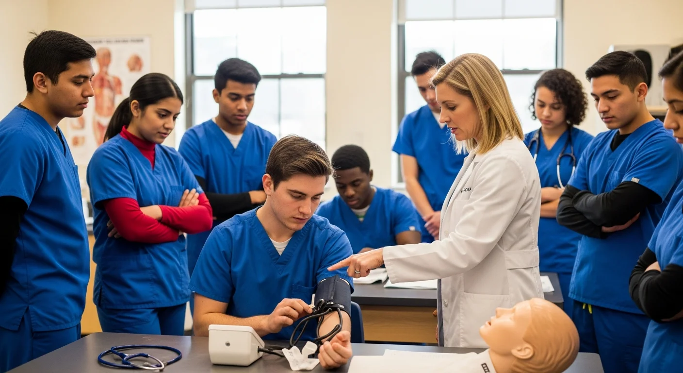 CNA students in scrubs practicing clinical skills at a Rhode Island training program
