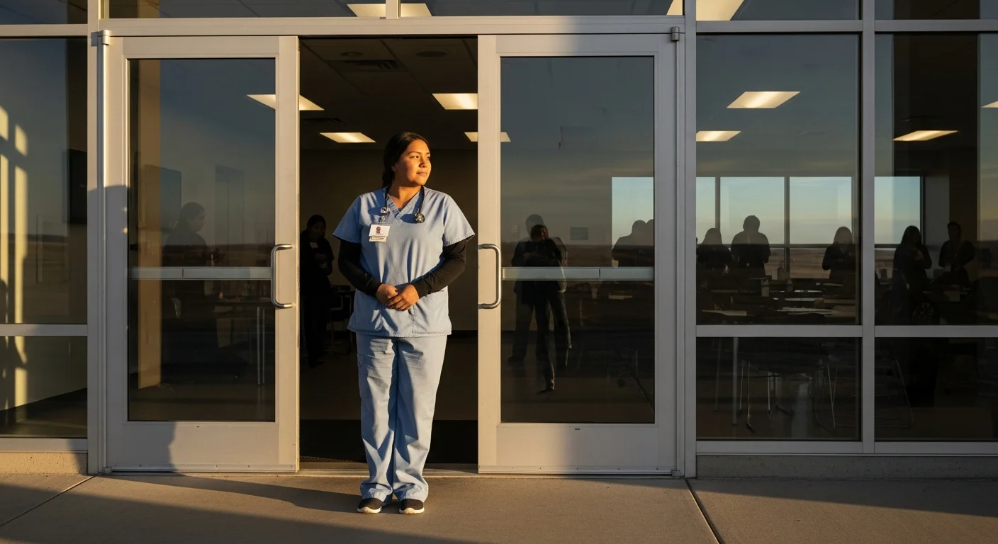 CNA student entering healthcare training facility in South Dakota at golden hour