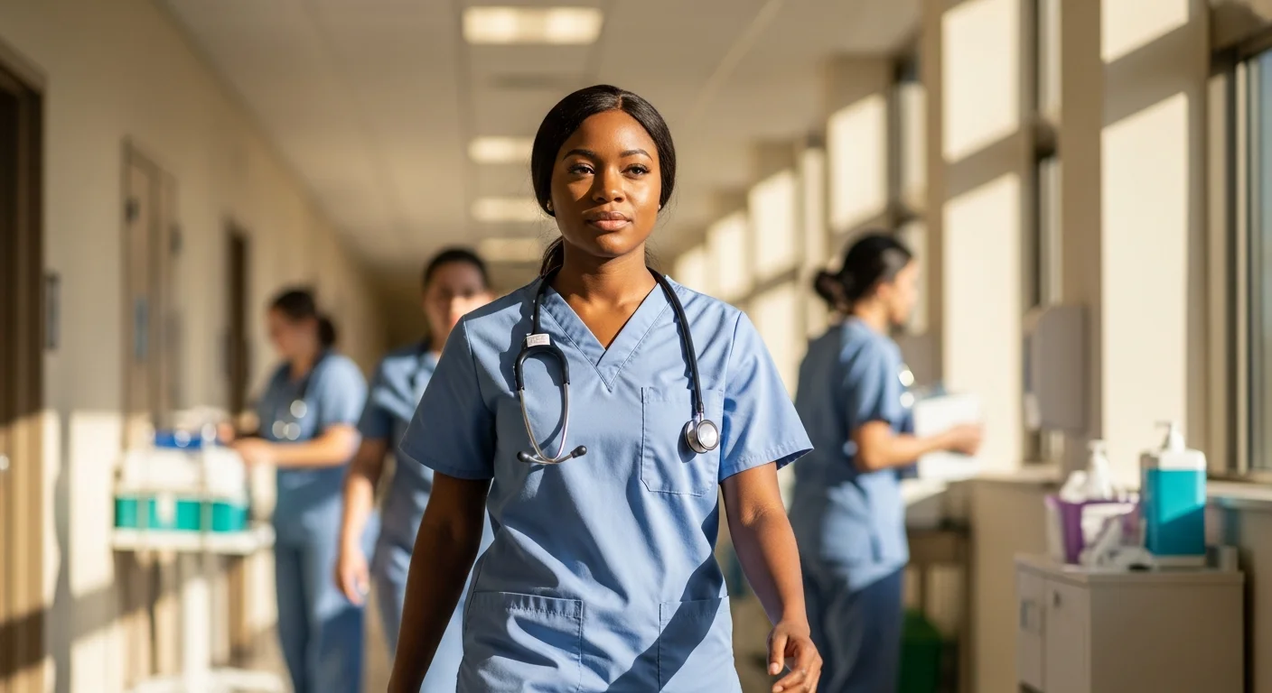 CNA nursing student in scrubs walking through Tennessee clinical training facility
