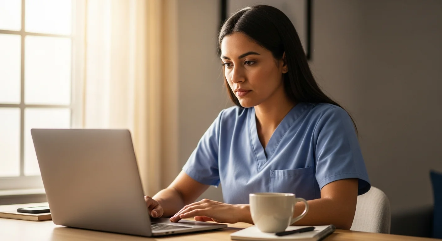 Texas CNA reviewing nurse aide registry status on laptop at desk