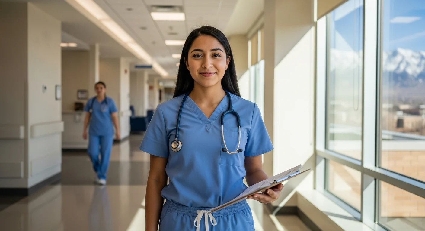 Aspiring CNA student in scrubs preparing for training at a Utah healthcare facility