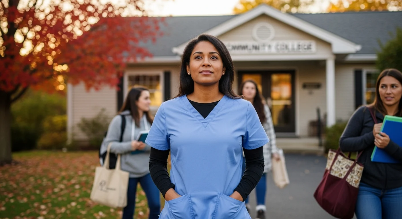 Nursing assistant student in scrubs outside Vermont community college with autumn foliage