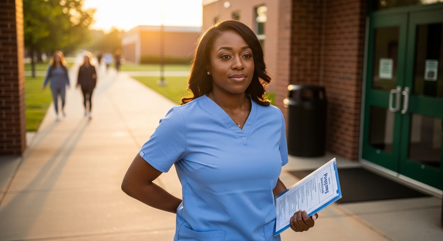 Nursing assistant student in scrubs outside Virginia community college at golden hour