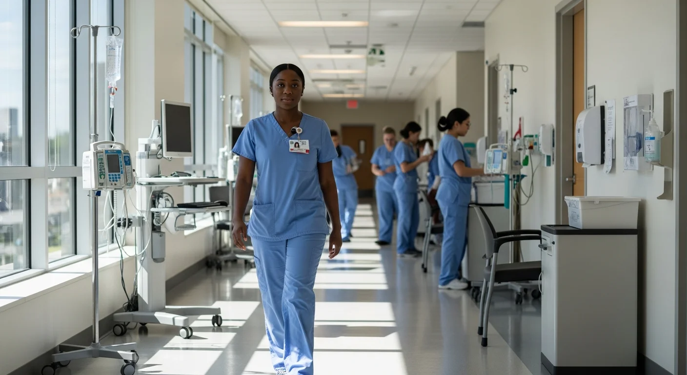 CNA student in scrubs walking through a clinical training facility in Washington DC