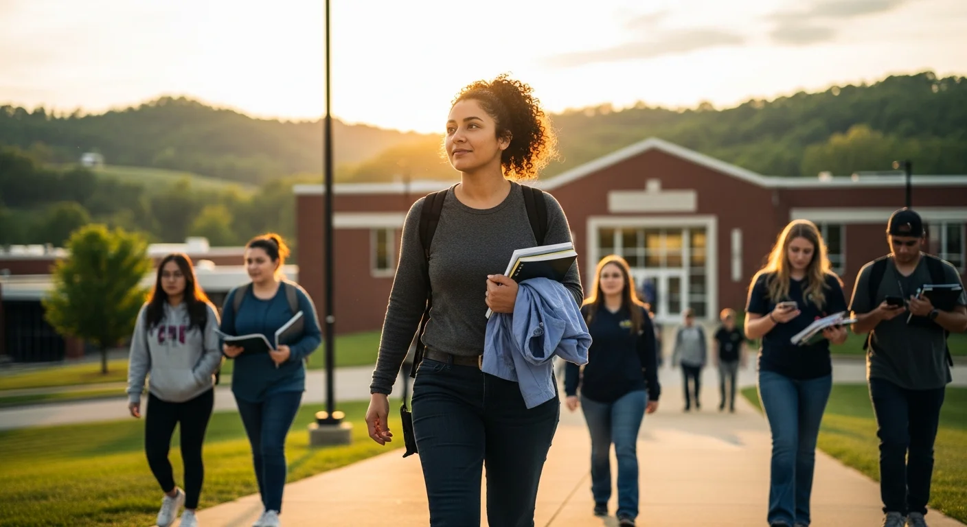 Nursing student walking toward West Virginia community college with scrubs and determination