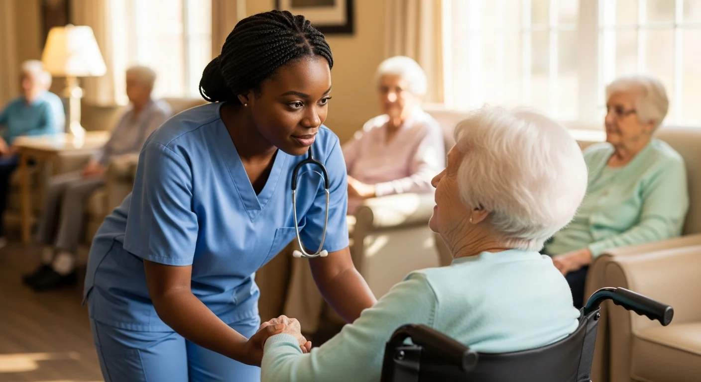 CNA in scrubs assisting elderly patient in warm healthcare setting