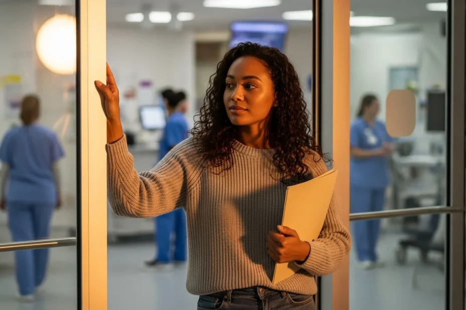Thoughtful person at healthcare facility entrance considering CNA career path