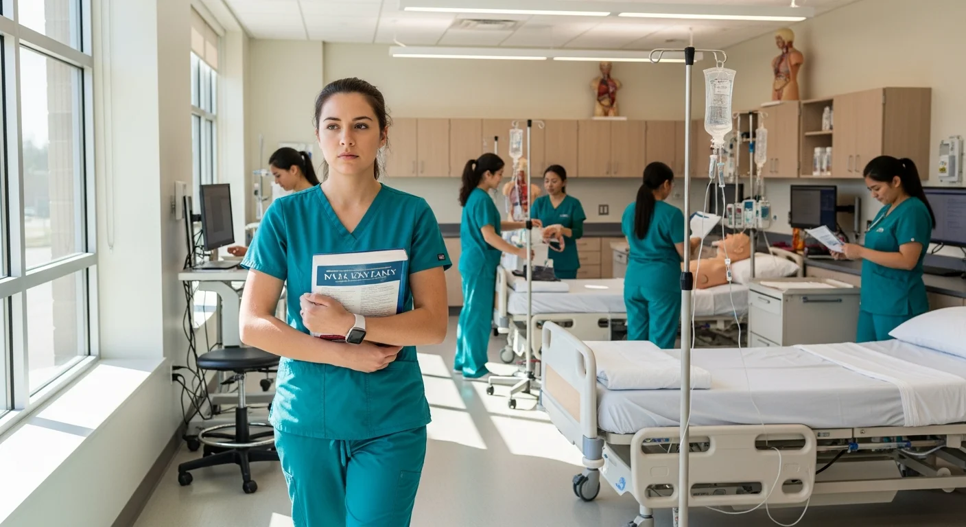 CNA student entering nursing training lab at community college