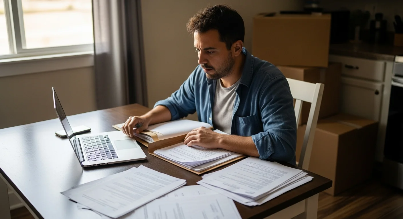 Person reviewing CNA certification transfer documents at desk with laptop