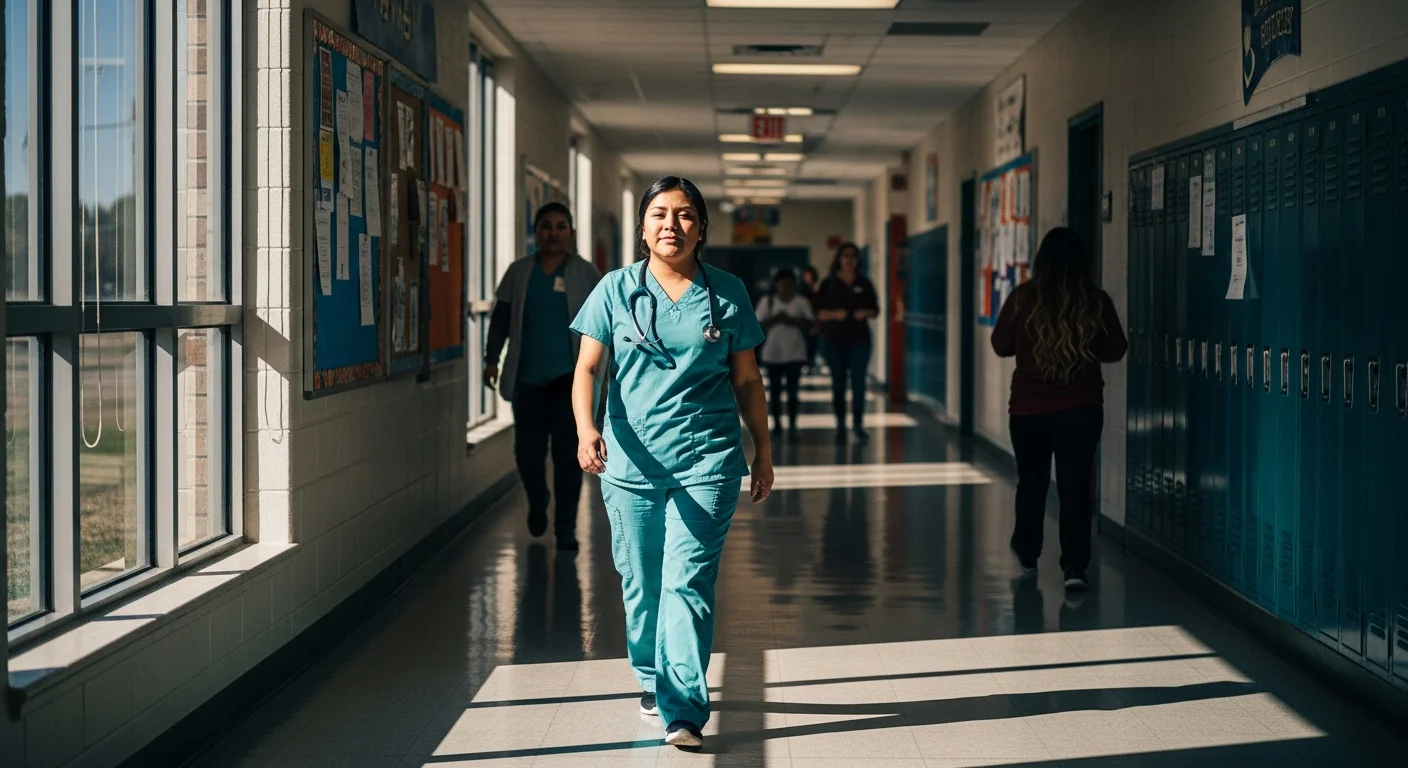 CNA student in scrubs walking through Wyoming community college hallway