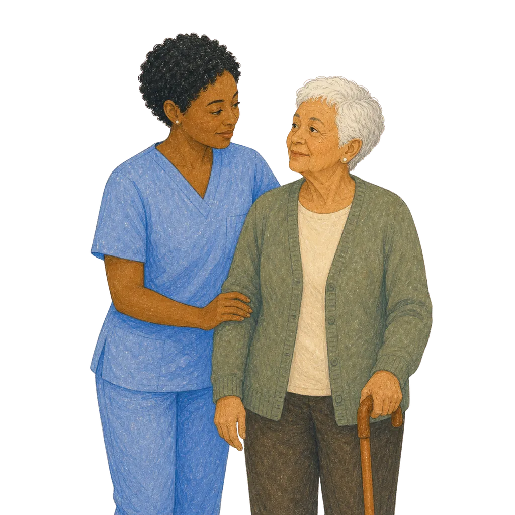 Illustration of a certified nursing assistant caring for an elderly patient, CNA classes in Alabama