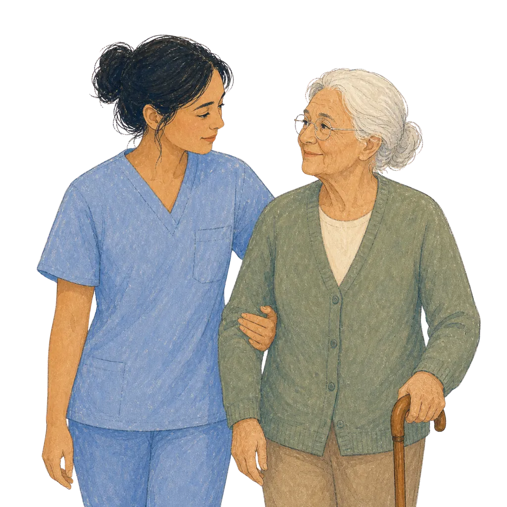 Illustration of a certified nursing assistant caring for an elderly patient, CNA classes in Alaska