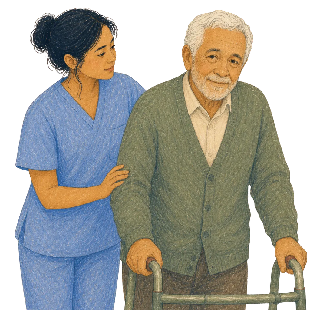 Illustration of a certified nursing assistant caring for an elderly patient, CNA classes in Arizona