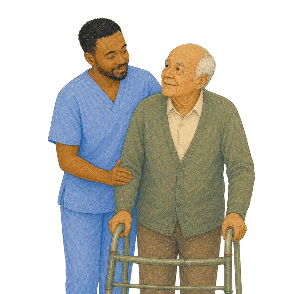 Illustration of a certified nursing assistant caring for an elderly patient, CNA classes in California